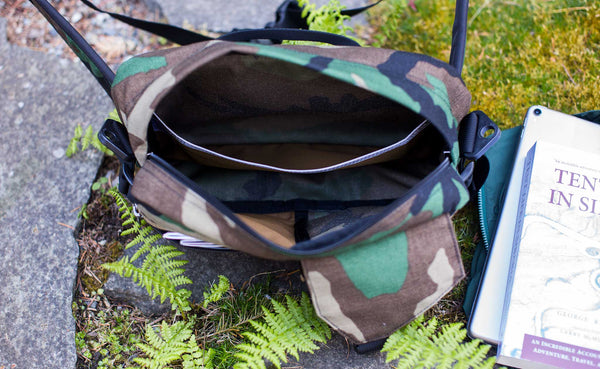 Photo of the LGD in Beaver Camo 1000d. It's empty and the main compartment is open.